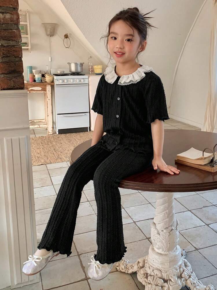 Young Girls Lace Patchwork Casual Round Neck Korean Style Long Sleeve Top And Pants Set
