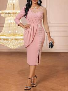 SHEIN Lady 女士优雅派对串珠装饰开衩连衣裙 - 粉色 - 查看 6