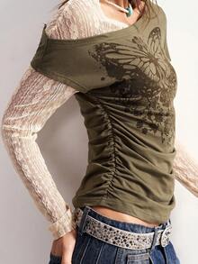 Bohemela Blusa casual de punto con estampado de leopardo y hombros descubiertos con mangas acampanadas para mujeres