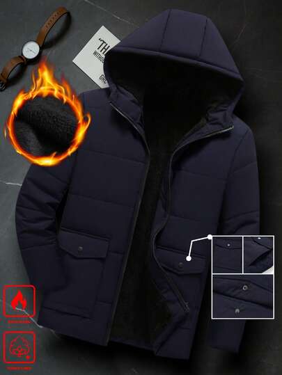 Manfinity Homme Men's Solid Color Hooded Zipper Front Pockets Fleece Casual Versatile Outdoor Long Sleeve Winter Jacket Men's Outerwear Winter Jacket For Men