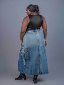 CurvyTilda Plus Size Women's Denim Skirt With Cargo Pockets Long Denim Skirt, For Hourglass Body Shape - Blue - View 2