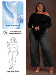 CurvyTilda Plus Size Women's Fall & Winter Elegant Asymmetrical Neck Rib-Knit Tee With Warm-Up Fabric, Suitable For Old-Money, Richly Layered, Office, For Hourglass Body Shape - Black - View 1