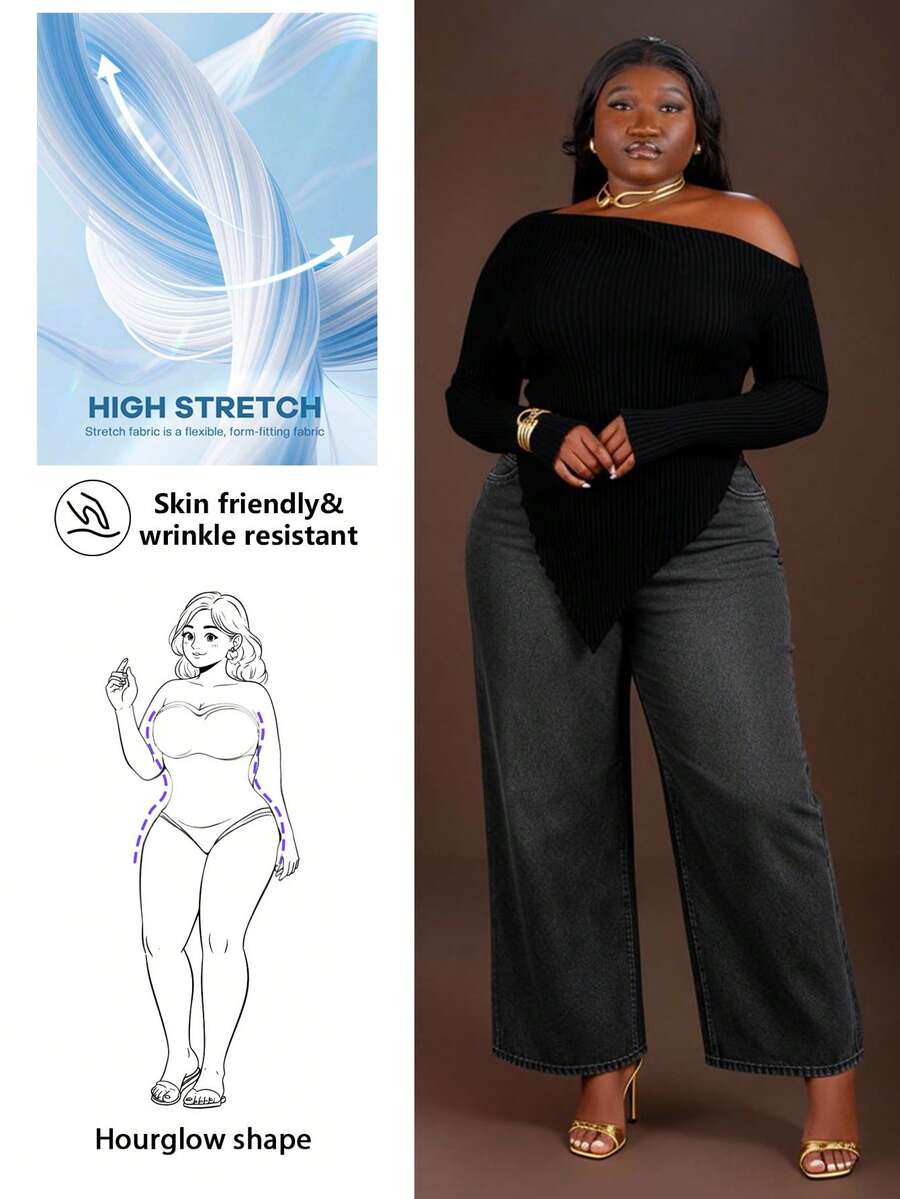 CurvyTilda Plus Size Women's Fall & Winter Elegant Asymmetrical Neck Rib-Knit Tee With Warm-Up Fabric, Suitable For Old-Money, Richly Layered, Office, For Hourglass Body Shape - Black - View 1