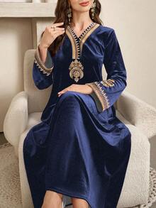 SHEIN Najma Women's Floral Retro Print Long Sleeve Elegant Velvet Arabic Dress, Spring/Autumn - Green - View 4