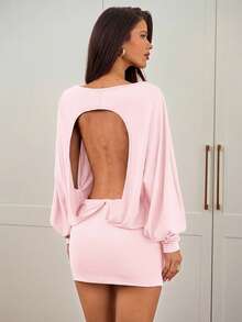 Aloruh 女士秋冬新款纯色酒红色长袖露背蝙蝠袖连衣裙，圣诞性感迷你连衣裙 - 淺粉色 - 查看 1