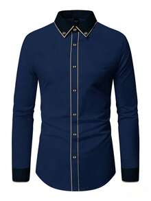 Manfinity Mode Camisa de manga larga casual y versátil con cuello vuelto y abotonadura sencilla para hombres