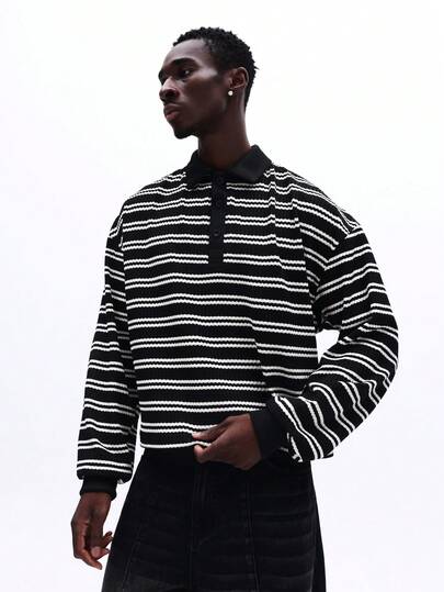 SUMWON 男士横条纹针织 Polo 衫，纽扣门襟，常规版型，长袖翻领，秋冬休闲款