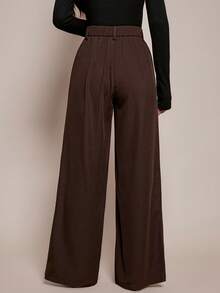 SHEIN PETITE 女士极简时尚深咖啡色宽松阔腿裤，通勤裤，棕色阔腿裤，高腰阔腿裤，棕色西装裤，秋季棕色高腰裤，棕色女士长裤 - 棕色 - 查看 2