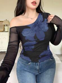 Modelyn Áo thun nữ họa tiết lưới màu đen trơn tương phản, in họa tiết lưới bất đối xứng, nhún bèo cỡ lớn - Xanh đậm - Xem 2