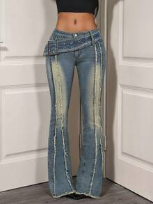 SHEIN Tall Quần jeans ống loe cạp trễ thời trang gợi cảm, thắt lưng bản rộng cổ điển - Màu xanh bụi bặm - Xem 6