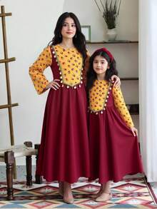 SHEIN Long-Sleeved Floral Print Sequin Abaya Arabic Muslim Young Girls Dresses Fitted Waist - Multicolor - View 2