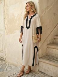 EMERY ROSE Damesvakantie Casual Colorblock Fringe Decor Mid-Length Jurk