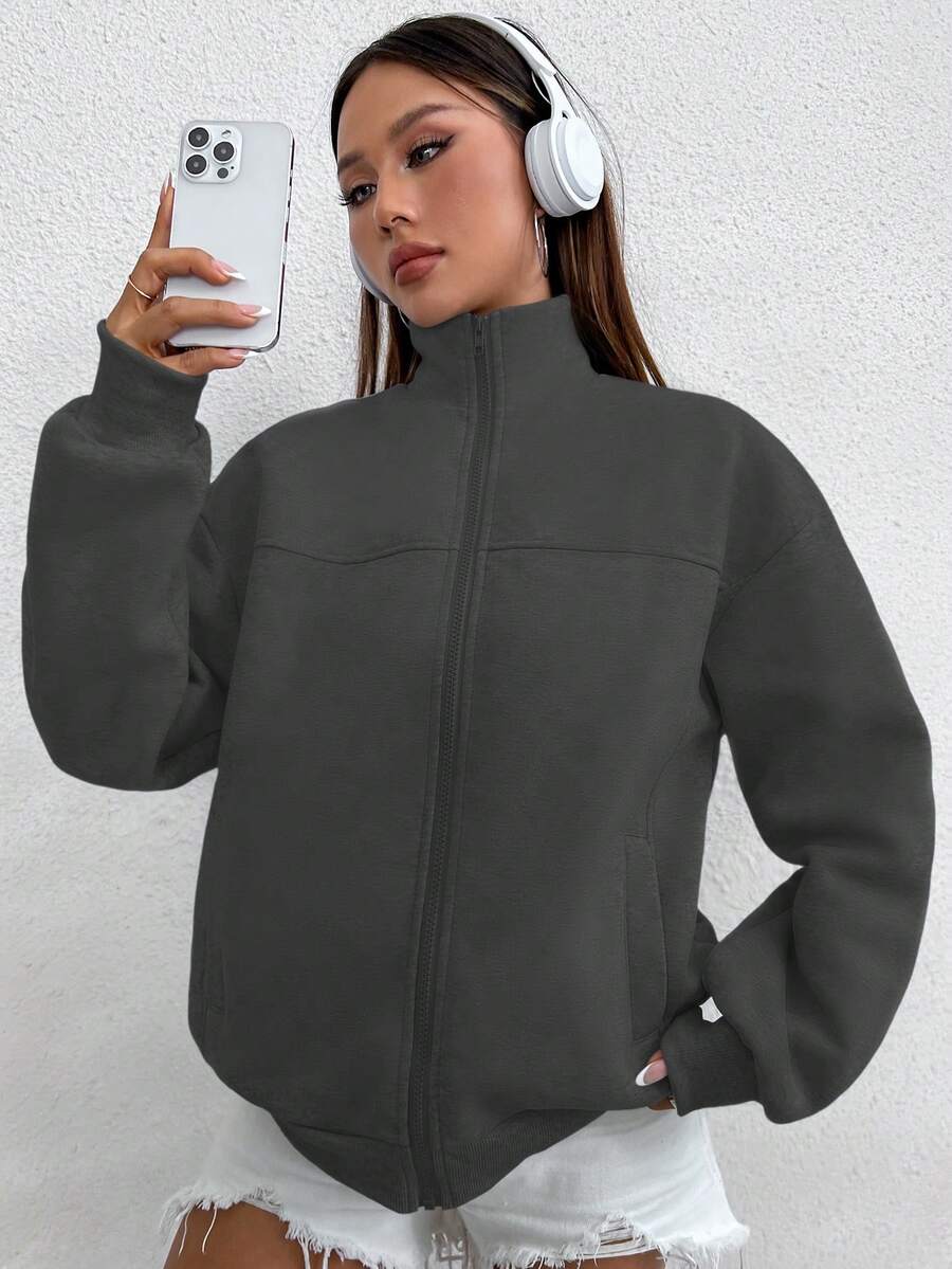 Flirla Áo sweatshirt nữ cổ đứng, màu trơn, kiểu dáng thường ngày, có khóa kéo, thích hợp cho mùa thu. - Màu xám đen - Xem 1