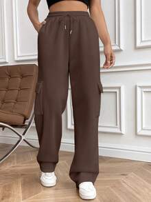 SHEIN PETITE 灰色抽绳腰带斜插口袋侧袋翻盖直筒长款休闲运动裤，时尚简约风格，适合娇小身材女性秋冬季穿着。 - 棕色 - 查看 5