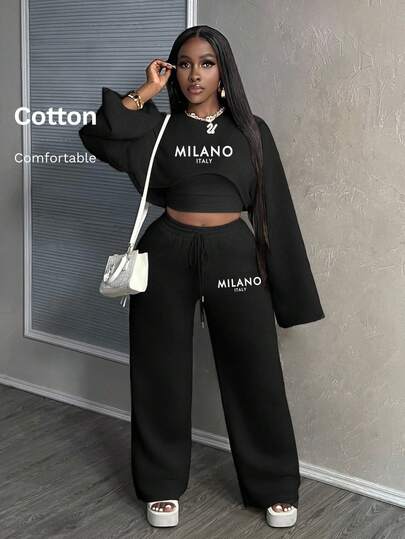 Slaydiva 3pcs MILANO Casual Basic Solid Color Long Sleeve Cropped Top, Camisole, And Loose Pants Women Suit Set Wide Leg Pants Set 2 Pieces Casual Set Women 2 Pieces Lounge Set Women Two Pieces Set Women Pants Two Pieces Set,Fall