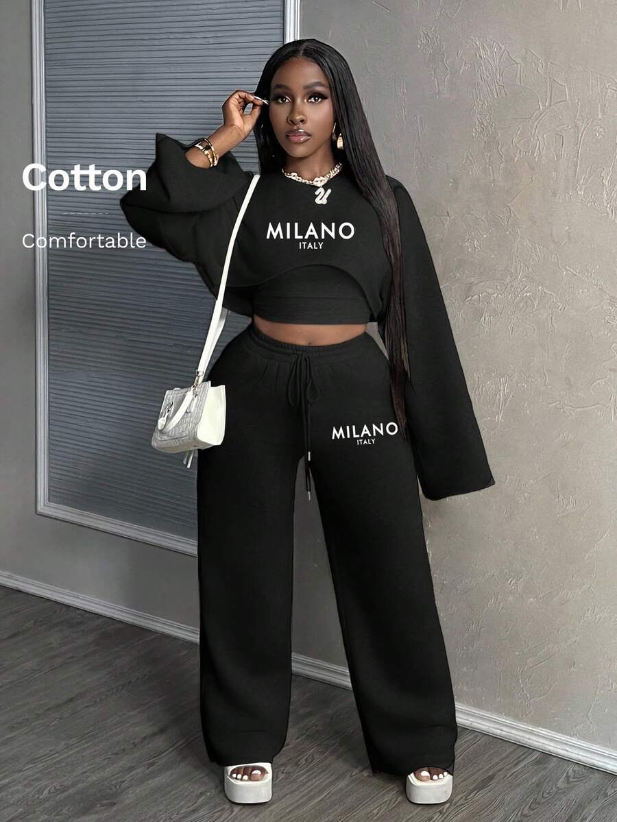 Slaydiva 3pcs MILANO Casual Basic Solid Color Long Sleeve Cropped Top, Camisole, And Loose Pants Women Suit Set Wide Leg Pants Set 2 Pieces Casual Set Women 2 Pieces Lounge Set Women Two Pieces Set Women Pants Two Pieces Set,Fall - Black - View 1