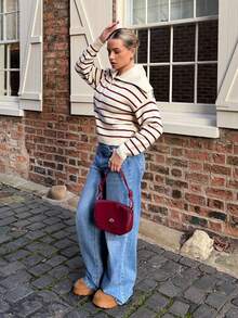 Bethéva Casual Striped Long Sleeve Half-Zip Pullover Fall - Burgundy - View 4