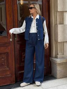 SHEIN 孕妇休闲通勤无袖牛仔上衣 情人节度假穿搭 女装 嘉年华 夏季春季通勤 毕业季 时尚 Y2K 可爱 街头风 派对 婚礼 优雅 商务休闲 女装 - 藍色 - 查看 3