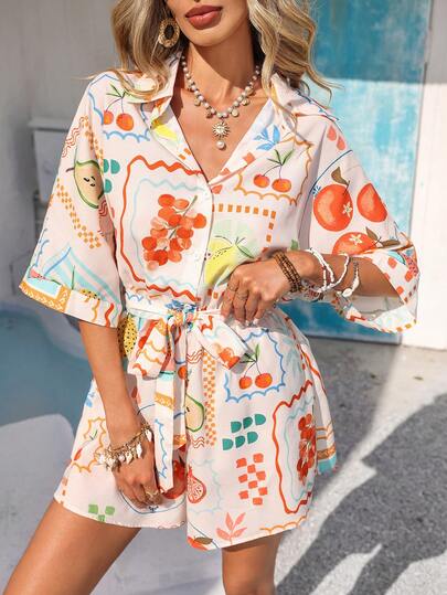 Vivid Eden Women's Summer Vacation Fruit Print Front Button Jumpsuit, White Jumpsuits, Vacation Outfits Women, Holiday Outfits For Women, Summer Holiday Outfits, Beach Vacation Outfits For Women