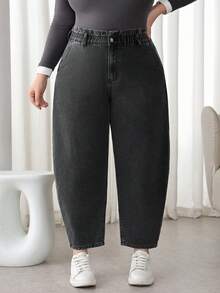 SHEIN CURVE+ 大码高腰弹力腰带休闲百搭牛仔裤，黑色，适合冬季、春季、圣诞节、新年、感恩节、通勤、度假、毕业典礼等各种场合，时尚百搭，Y2K风格，可爱街头风，适合派对、婚礼、优雅商务休闲等各种场合，舒适大码高弹黑色牛仔弹力腰阔腿牛仔裤，适合日常穿着，曲线友好型牛仔裤，黑色锥形牛仔裤，5XL码女式牛仔裤，曲线妈妈牛仔裤 - 黑色 - 查看 3