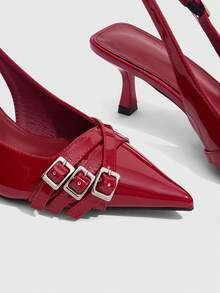 CUCCOO SZL Women's Fashion Buckle Pointed Toe High Heel Pumps, Burgundy - Burgundy - View 5