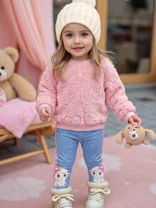 SHEIN Babygirl Cute Casual Pink Fluffy Heart Pattern Long Sleeve Sweatshirt And Pants Set - Multicolor - View 7