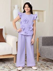 Tween Girl Elegant Stand Collar Flutter Sleeve 3D Floral Decor Top And Pants Set Tween Girl - Navy Blue - View 3