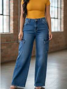 Pantalón de mezclilla para mujer estilo cargo urbano, lavado moderno, tiro alto, bolsillos múltiples, corte holgado, sin cuello, pantalón largo, primavera otoño, uso casual versátil - Azul 1 - Ver 1
