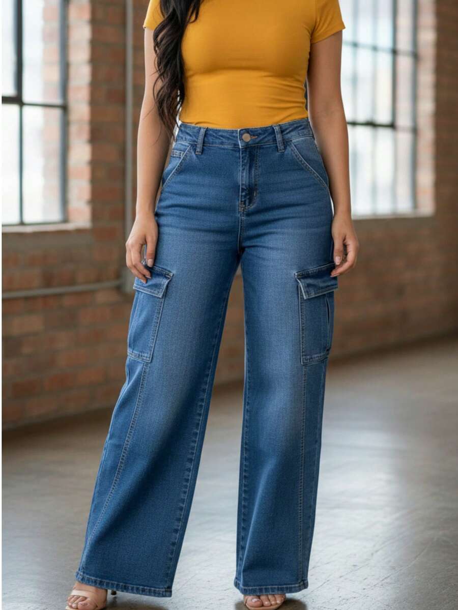 Pantalón de mezclilla para mujer estilo cargo urbano, lavado moderno, tiro alto, bolsillos múltiples, corte holgado, sin cuello, pantalón largo, primavera otoño, uso casual versátil - Azul 1 - Ver 1