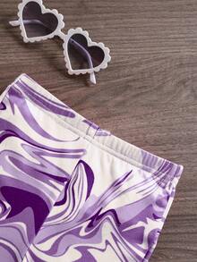 SHEIN Baby Girl Marble Print Asymmetric Hem Halter Top And Flare Pants Set - Purple - View 4
