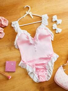 PetitDoll Pink Satin Jacquard Lace Patchwork Ruffle Bow Deep V Crotch Snap Bodysuit, Sweet & Cute, Suitable For Music Festival, Party, Vacation, Club - Pink - View 3