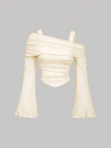 MOD Set Of 2 Solid Color T-Shirts With Asymmetrical Flared Sleeves At The Shoulders, 2 In 1 - Apricot - View 10
