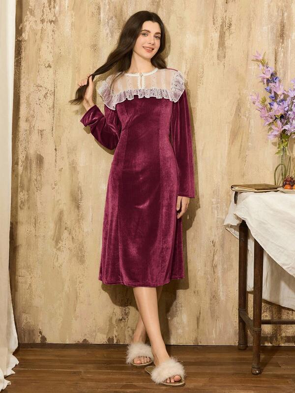 Côtesoire Women's Romantic Elegant French Style Contrast Color Ruffle Lace & Velvet Long Sleeve Nightgown Velvet Dress For Women