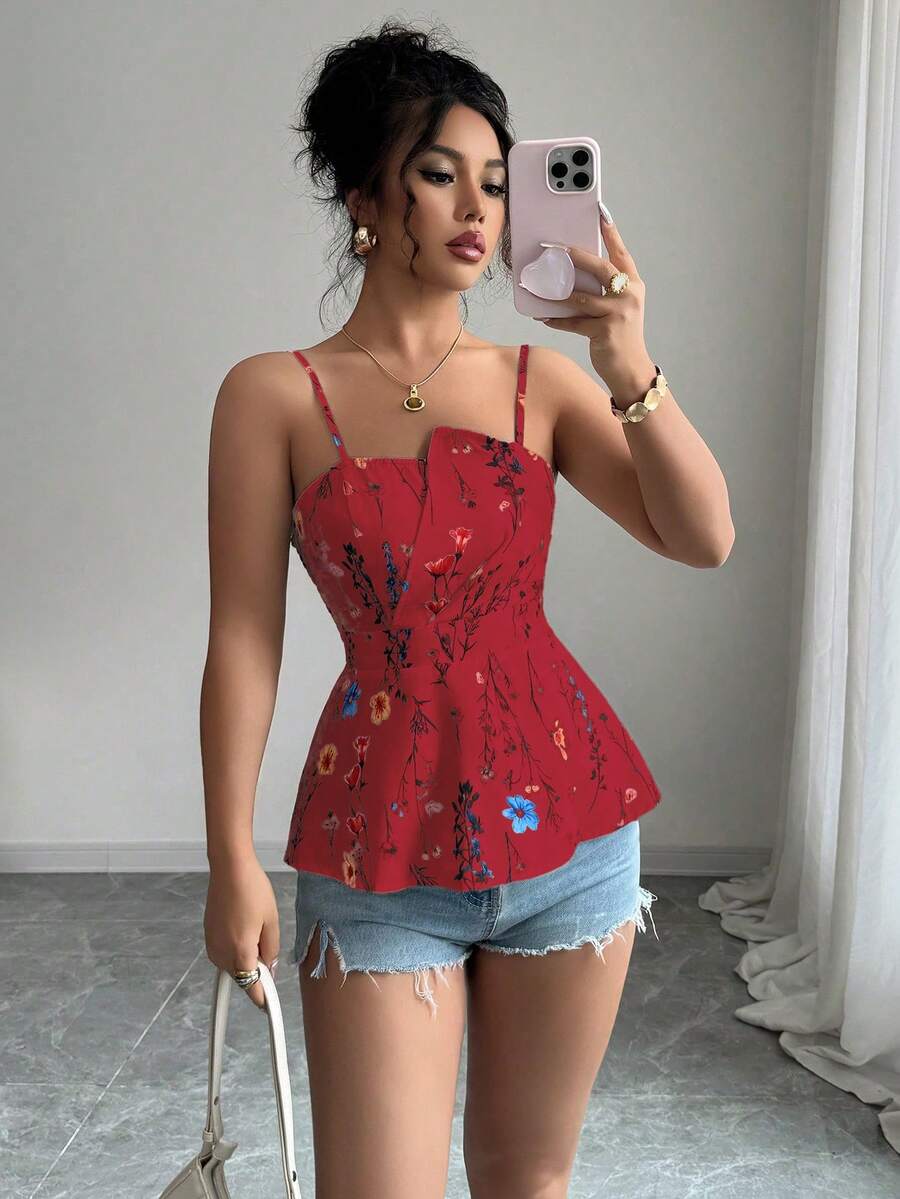 Selianne Floral Print Asymmetrical Hem Camisole Crop Top For Women, Spring/Summer - Red - View 1