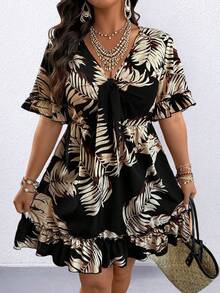 SHEIN PETITE CURVE Petite Women's Casual Vacation Oversized Floral Cinched Waist A-Line Dress - Black - View 5
