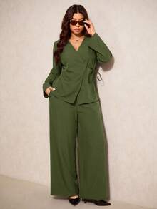 Elaquor Bộ đồ nữ cỡ lớn màu trơn, tay dài, thắt eo, gồm áo khoác và quần ống rộng, kiểu dáng thường ngày, thích hợp cho mùa thu đông. - xanh quân đội - Xem 3