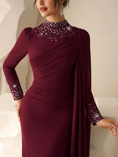 Coutiva Elegant High-Neck Chiffon Pearl Rhinestone Design, Long Sleeves And Mermaid Skirt Formal Evening Dress, Designed For Wedding Guests, Prom Dresses, Party Dresses, Graduation Ceremony, And School Start Dresses Valentines Dress Elegant Dress Sequin Dress Pink Red Dress Floral Dress