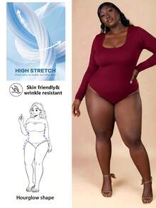 CurvyTilda Plus Size Casual Solid Color Long Sleeve Bodysuit, Fall Clothes For Women, For Hourglass Body Shape, For Body Shape, For Summer - Burgundy - View 1