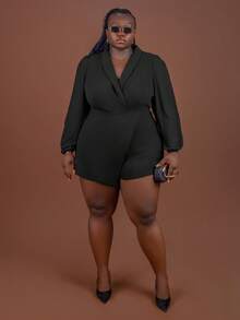 CurvyTilda 大码女式纯色披肩领灯笼袖不对称下摆优雅连体裤