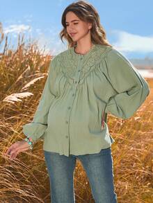 Boho Mama Autumn Green Lantern Sleeve Loose-Fitting Cotton-Lined Maternity Top With Lace Trim - Bohemian Casual Maternity Top - Green - View 3