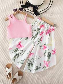 Elladie kids 2 Stück/Set Mädchen süßes einfarbiges Set aus Off-Shoulder Trägertop mit Rissen und weiter Bein Shorts mit Gürtel - Pink - Übersicht 2
