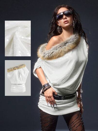 ROMWE Avant Y2K Glitter Patchwork Faux Fur Collar Asymmetrical Shoulder Mini Dress For Women