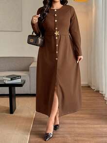 Vionelle 大码女式纯色弹力针织圆领收腰A字开襟金属纽扣装饰长袖中长连衣裙，巧克力棕色，优雅复古法式街头风简约百搭，适合冬季、万圣节、圣诞节、感恩节、下午茶聚会、正式场合、家庭聚会等。大码棕色连衣裙，纽扣连衣裙，教堂礼服，大码西式连衣裙，咖啡棕色连衣裙，女士棕色连衣裙，长袖纽扣连衣裙，棕色长款连衣裙 - 摩卡棕 - 查看 4