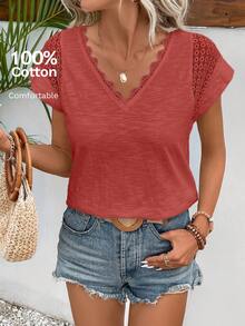 SHEIN Frenchy 短袖蕾絲拼接t恤 - 紅木色 - 查看 6