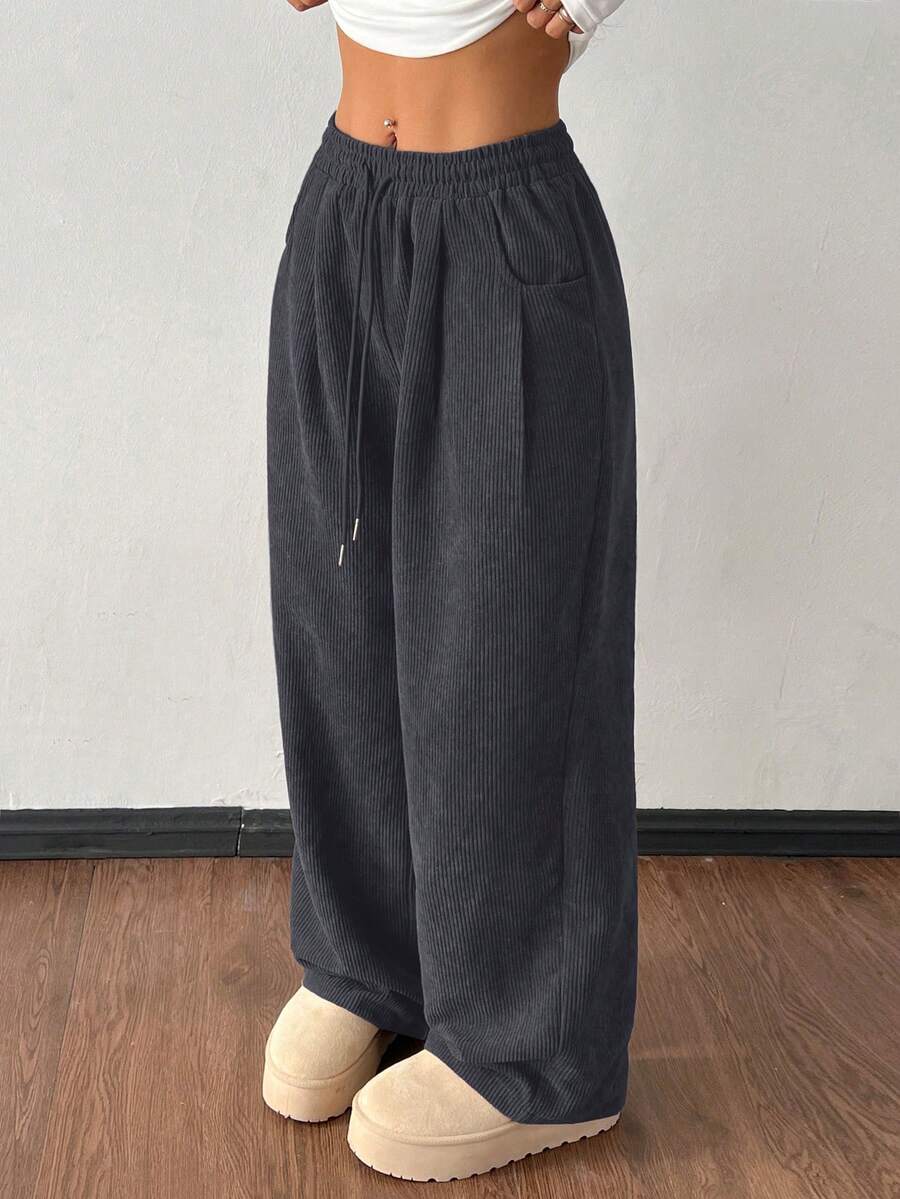 SHEIN PETITE Women's Autumn And Winter Street Fashion Casual Retro Corduroy Textured Pants Women Pants Loose Pants For Women Harem Pants Women Baggy Pants Drawstring Pants Corduroy Pants For Women Womens Wide-Leg Pants - Grey - View 1