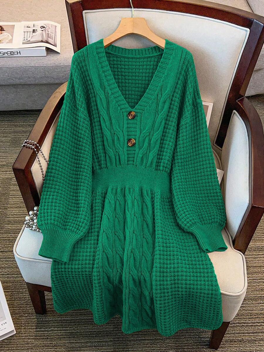 GlowEve CURVE Đầm len dệt kim dáng chữ A cổ chữ V tay phồng, chất liệu dày dặn, có dây rút, cỡ lớn, màu trơn, thích hợp cho mùa đông. - màu xanh lá - Xem 1