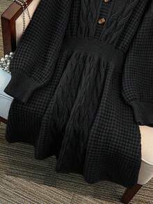 GlowEve CURVE 加大码V领灯笼袖A字加厚抽绳针织毛衣连衣裙，纯色，冬季 - 黑色 - 查看 8