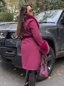 NegzBox Women Plain Front Button Pocket Furry Trim Minimalist Long Sleeve Coat In Fall/Winter - Burgundy - View 2