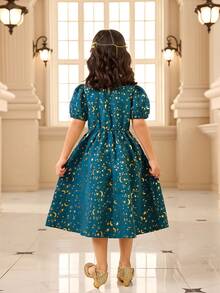 1pc Girls Green Moon & Star Print Floral Trim Princess Style Short Sleeve Mini Dress, Elegant For Daily Wear, School, Party, Photo Shoot, Family Gathering Girls Turquoise Dress Kids Jacquard Dresses Girls Dresses Elegant Teal Toddler Girls Kids Arabic Dress Kids Dresses For Girls Blue - Dark Green - View 2