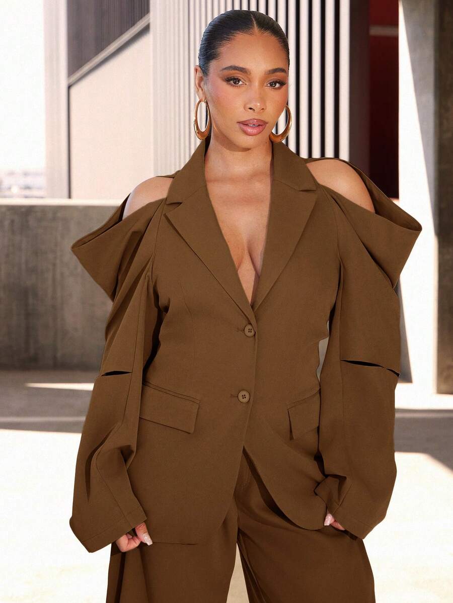 Vixey Áo khoác blazer tay dài xếp ly hở vai có cổ - màu nâu - Xem 1